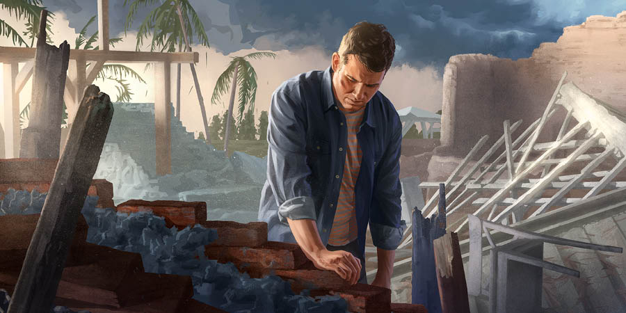 A brother looking overwhelmed as he contemplates the time and effort required to rebuild his damaged home.