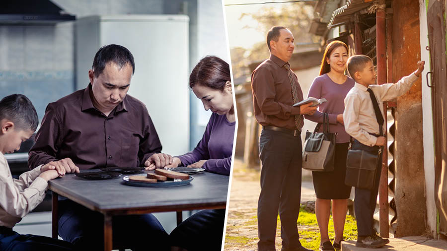 Collage: A family facing economic hardship. 1. They pray before they eat a meager meal. 2. Later that day, they participate in the door-to-door ministry.