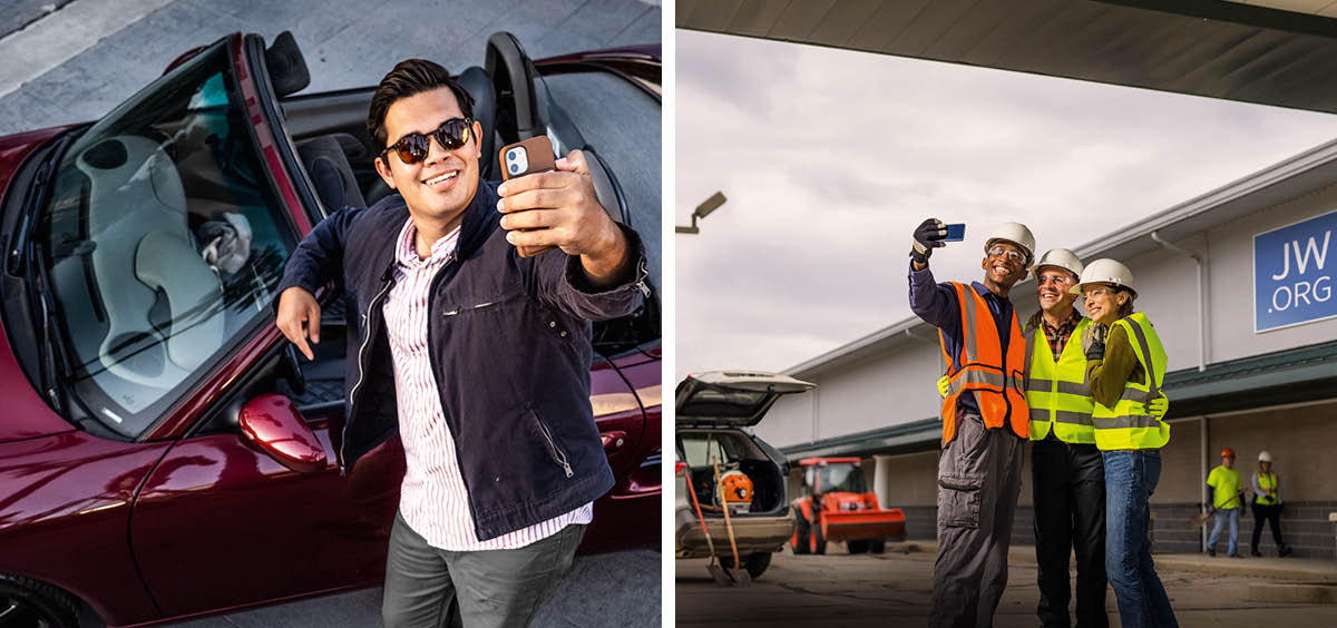 Collage: 1. John takes a selfie next to his sports car. 2. Tom takes a selfie with some friends while they help to renovate an Assembly Hall.