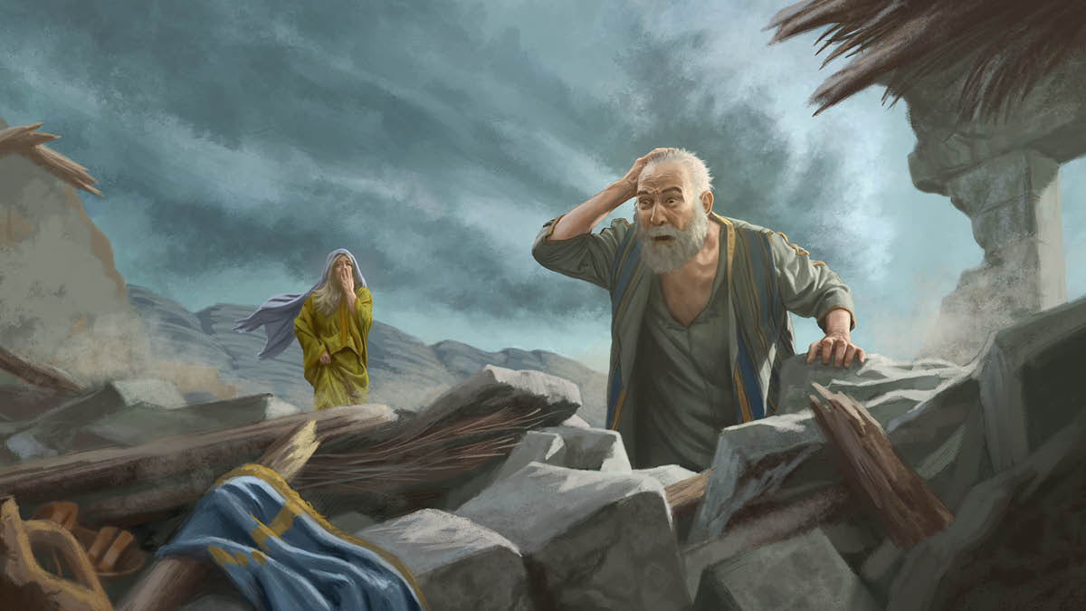 Job and his wife looking in disbelief at the remains of the house where their children died after it was destroyed by a strong wind.