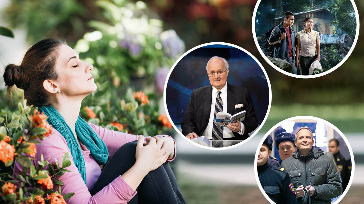 A sister praying. Collage: 1. A member of the Governing Body on JW Broadcasting®. 2. A couple walk away from their storm-damaged home. 3. Dennis Christensen, in handcuffs, being escorted by Russian police officers.