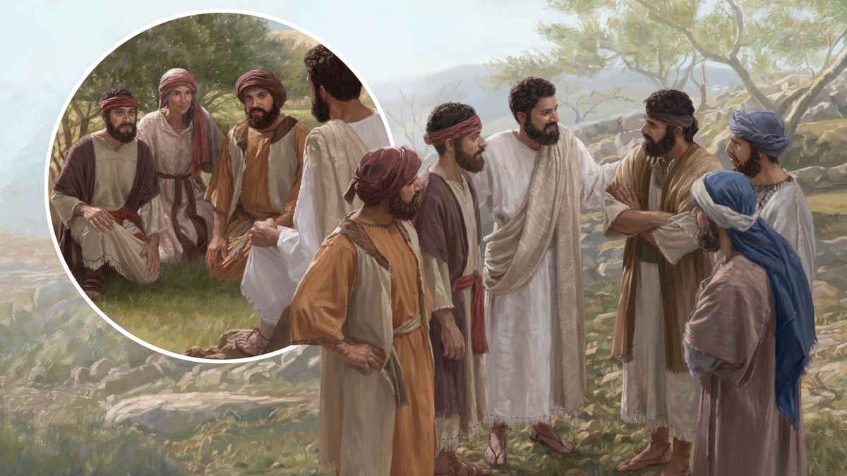 Jesus speaking warmly to his disciples. An inset shows James, John, and their mother talking to Jesus.