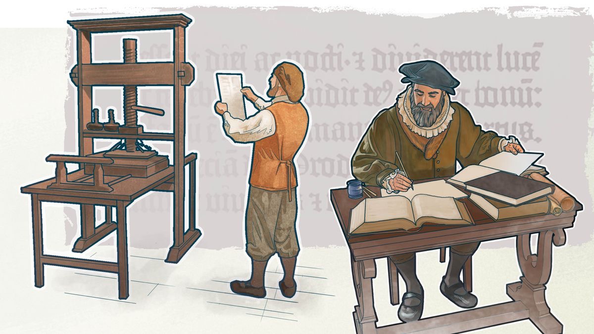 An early printing press and a Bible translator.