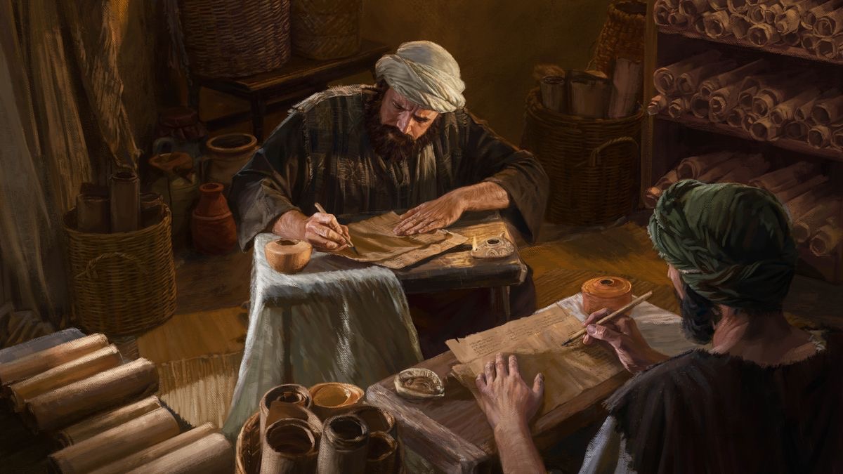 Two copyists writing on parchment scrolls.