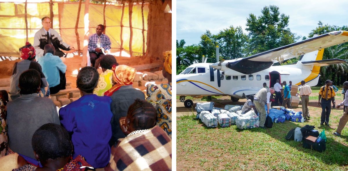 Collage: 1. Reino gives a talk to refugees in a temporary meeting place. 2. Brothers load supplies into a small plane.