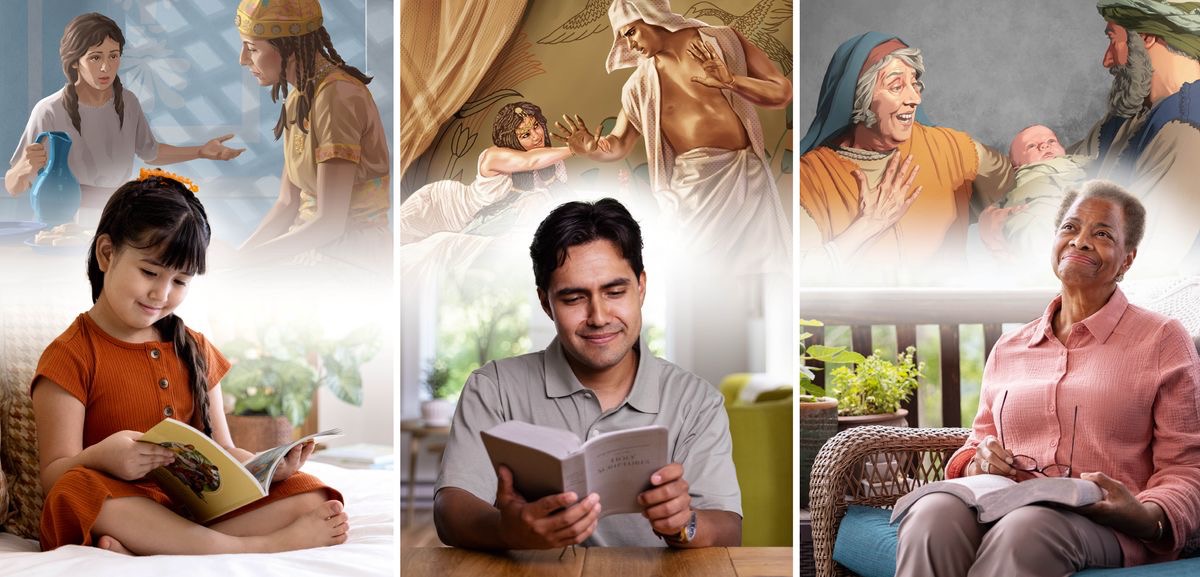 Collage: 1. A young girl reads the book “Lessons You Can Learn From the Bible” and meditates on the account of the little Israelite girl talking to her mistress. 2. A young brother reads the Bible and meditates on the account of Joseph fleeing from Potiphar’s wife. 3. An older sister reads the Bible and meditates on the account of the prophetess Anna seeing the infant Jesus.