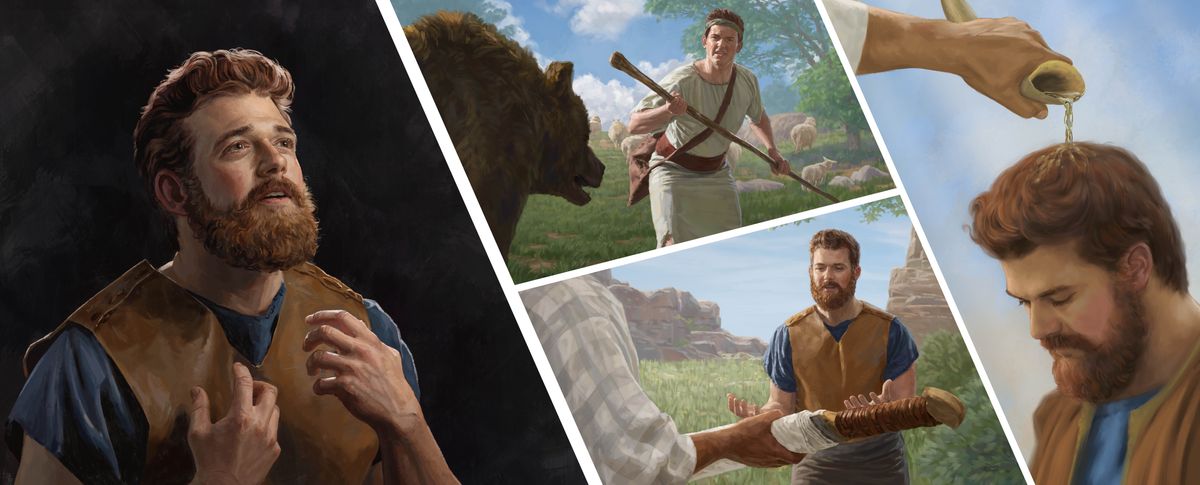 Collage: David reflecting on the ways that Jehovah had helped him and was continuing to help him. 1. As a boy, David uses a staff to fight an attacking bear. 2. He receives Goliath’s sword from Ahimelech. 3. He is anointed with oil.