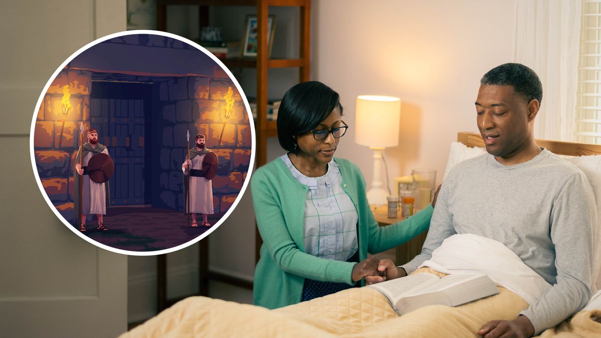 A sister holding her husband’s hand by his bedside as he says a prayer. There are bottles of medication on a night table. An inset shows two soldiers guarding a city gate.