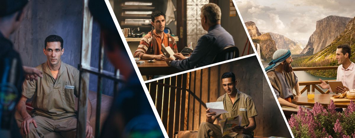 Collage: A brother in prison reflecting on the ways that Jehovah has helped him and is continuing to help him. 1. He studies the Bible with a brother. An ashtray and cigarettes are on the table. 2. He reads a letter while in his cell. 3. He teaches a resurrected Israelite in Paradise.