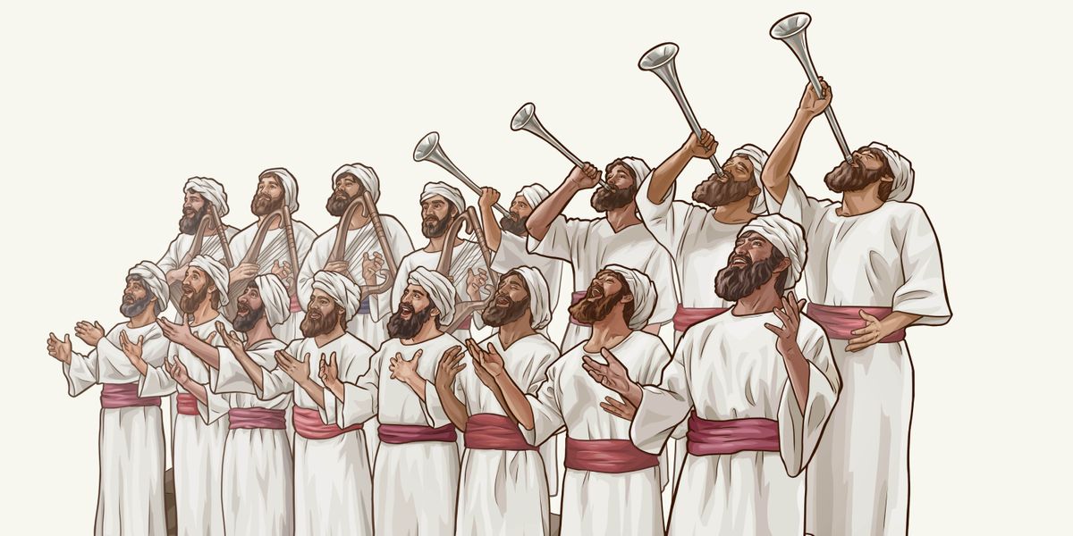 Israelite musicians blowing trumpets, playing harps, and singing loudly in worship to Jehovah.