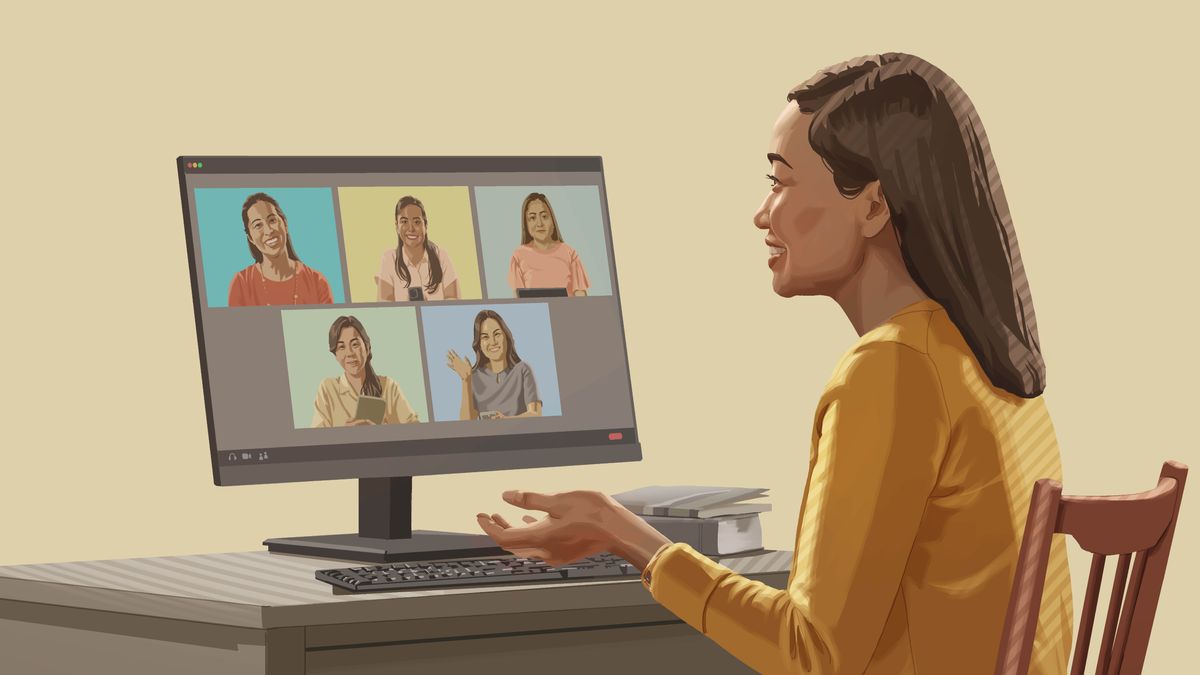 The sister shown in the previous image, talking with her Bible student and four of her friends via videoconferencing.