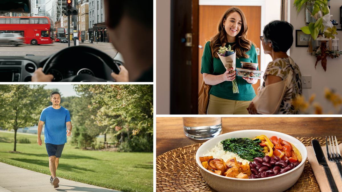 Collage: Ways we can please Jehovah. 1. Driving safely: A brother driving a car stops at a red light. 2. Caring for ourselves: A brother takes a brisk walk outdoors. 3. Eating healthy food: A variety of healthful food in a bowl. 4. Being hospitable: A sister brings flowers and a meal to an older sister whose arm is in a sling.