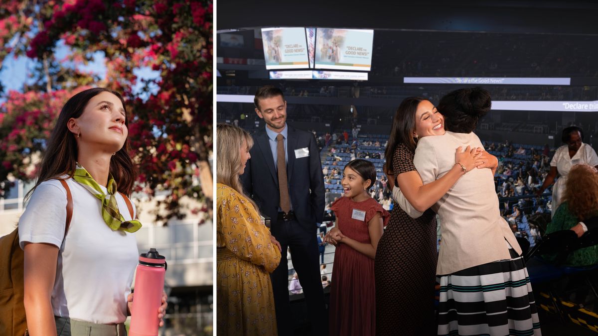 Collage: 1. A sister admires a beautiful tree. 2. Later, she embraces another sister at a regional convention. Others at the convention happily converse with one another.