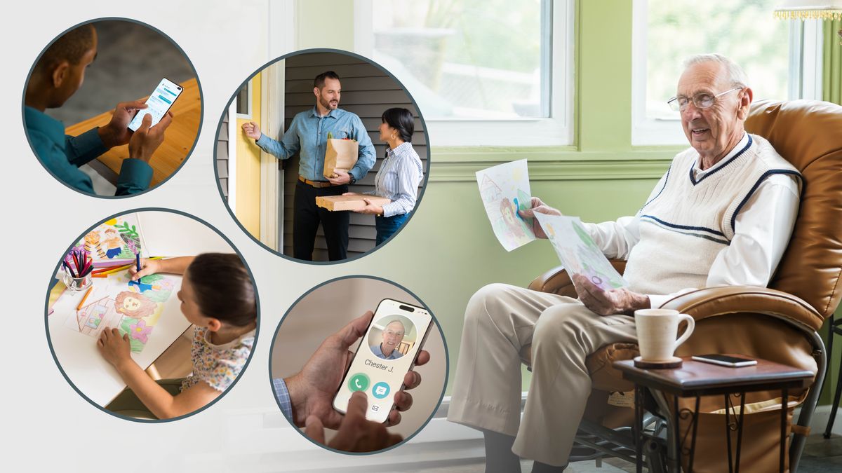 Collage: An older brother receiving comfort. 1. He looks at pictures that children drew for him. 2. A brother sends him a text message. 3. A couple brings him a bag of groceries and a pizza. 4. A brother phones him. 5. A young girl draws a picture of a lion in Paradise to give to him.