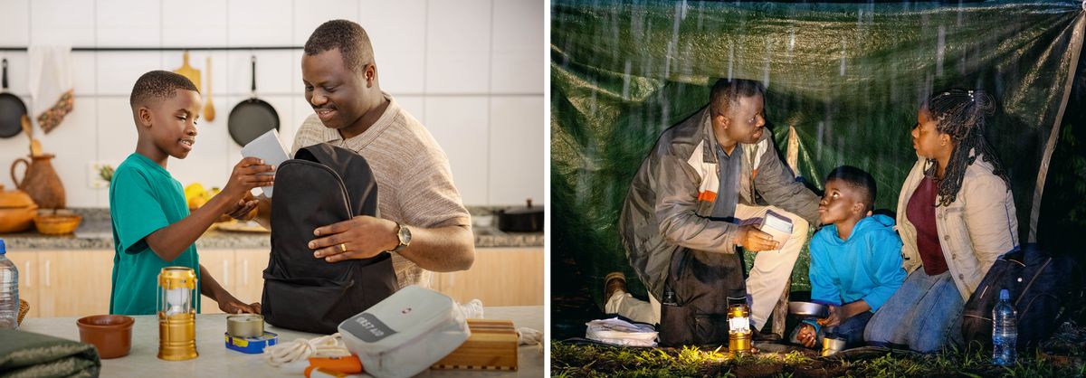 Collage: 1. A father and his son prepare a go bag. They put a Bible in the bag along with emergency supplies. 2. The father, mother, and son take shelter in a tent as rain pours down around them. They use the supplies from their go bag during this emergency.