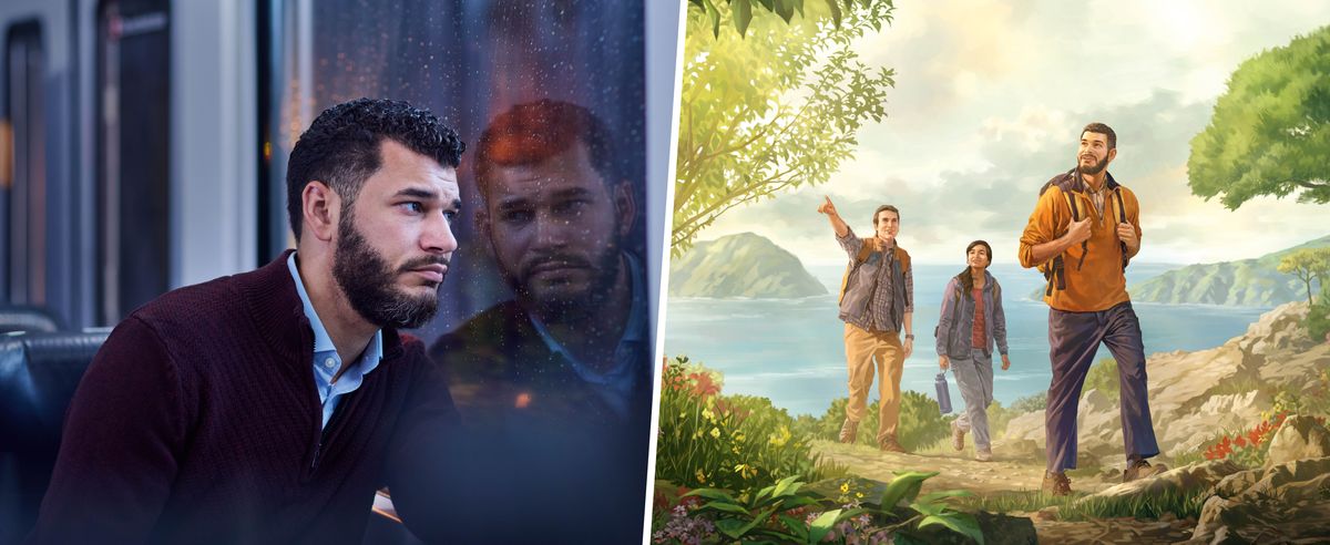 Collage: 1. A discouraged brother gazes out a window on a dark, rainy day. 2. In Paradise, the brother hikes along a trail with his friends while he enjoys the beautiful landscape.