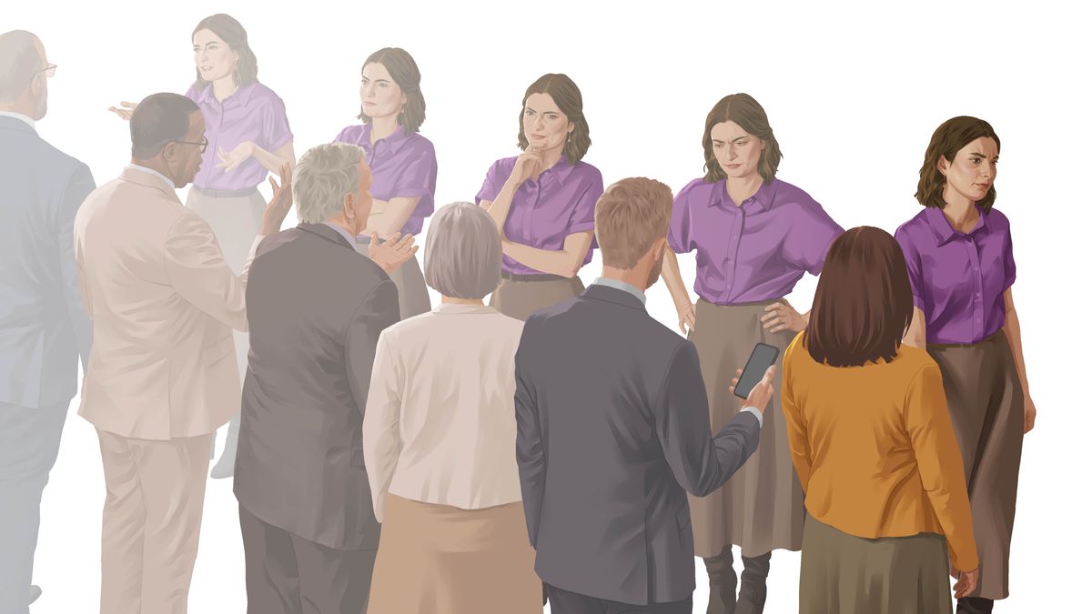 A sister seeking advice from several different brothers and sisters. She moves from one person to the next, dissatisfied with each conversation.