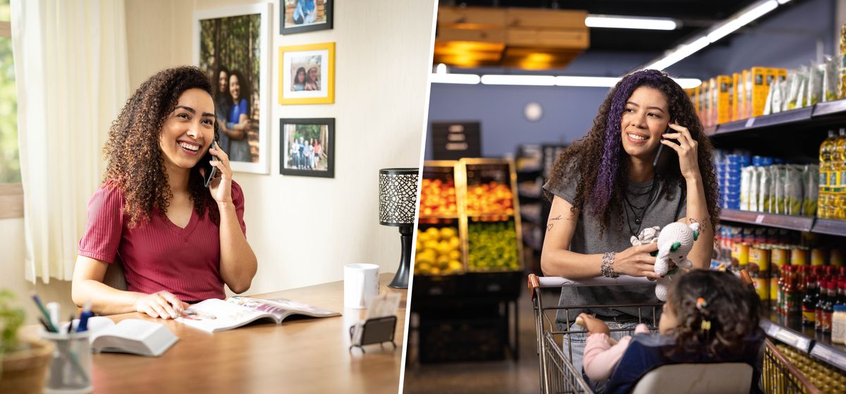 A sister who is doing her personal study calls her unbelieving sister, who is shopping for groceries with her young daughter.