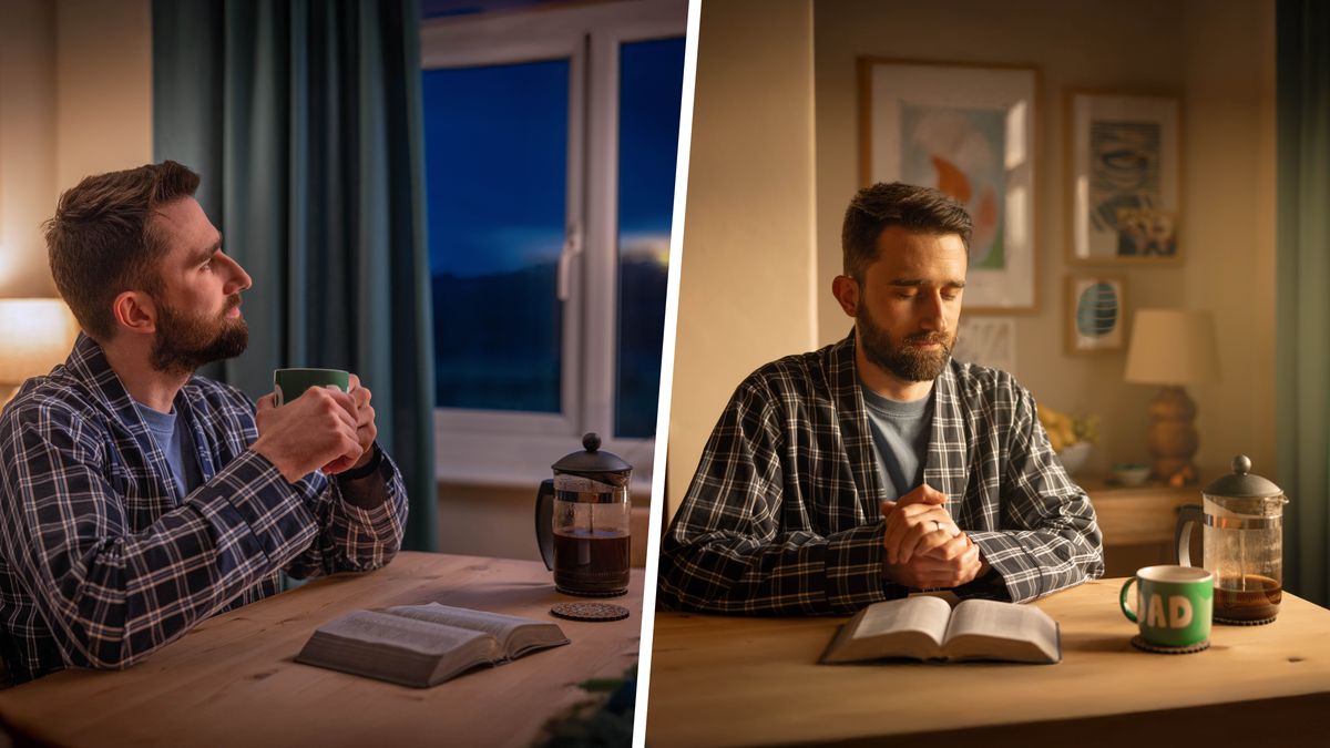 Collage: 1. Before sunrise, a brother meditates while he sits at his desk with an open Bible and a cup of coffee. 2. After sunrise, he remains seated at his desk and lingers in prayer.