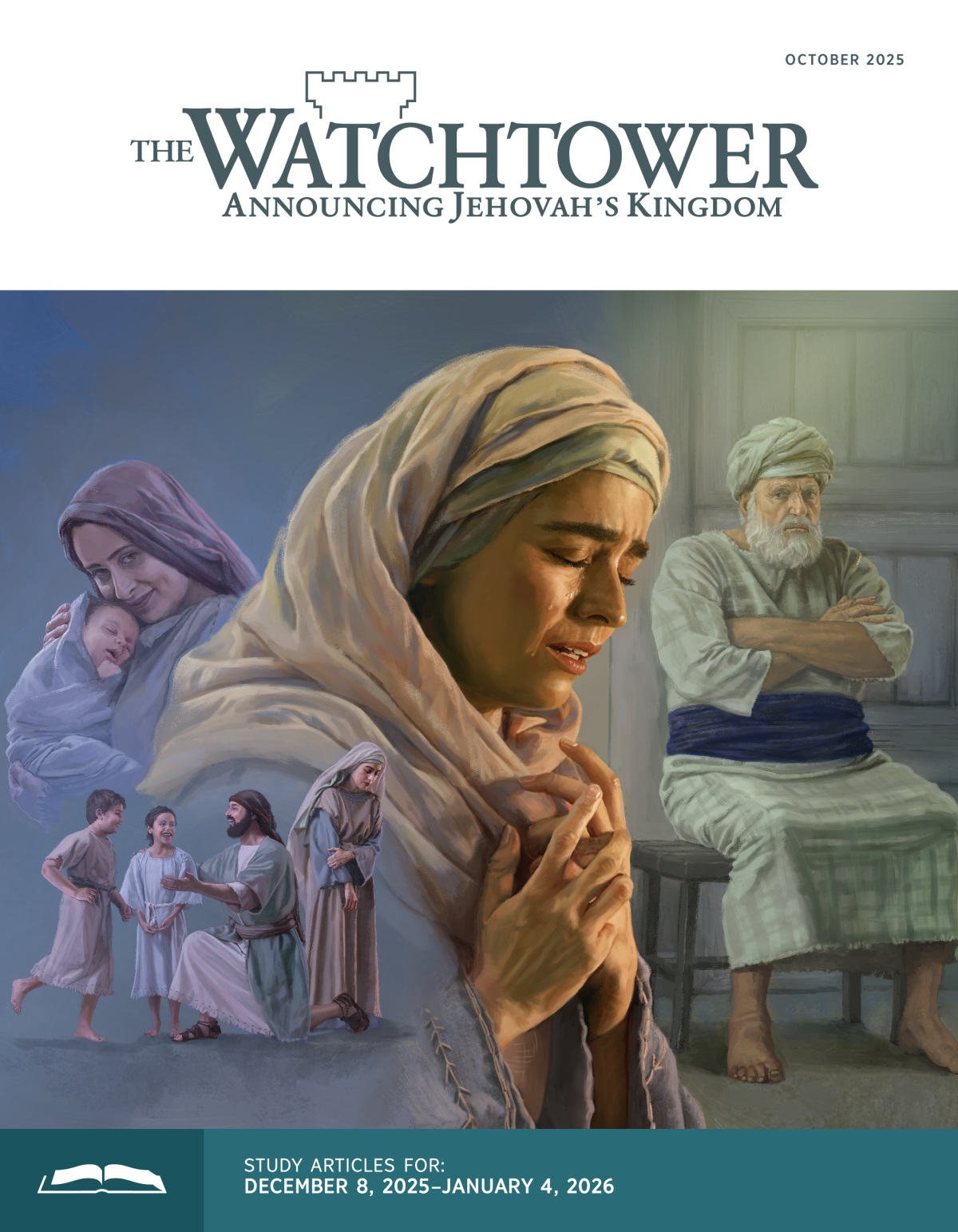 Collage: 1. Hannah mournfully looks away while Elkanah plays with two of his children. 2. Peninnah smiles as she cradles her newborn baby. 3. Hannah cries while she prays intensely. 4. High Priest Eli sits with his arms crossed and glares at Hannah.