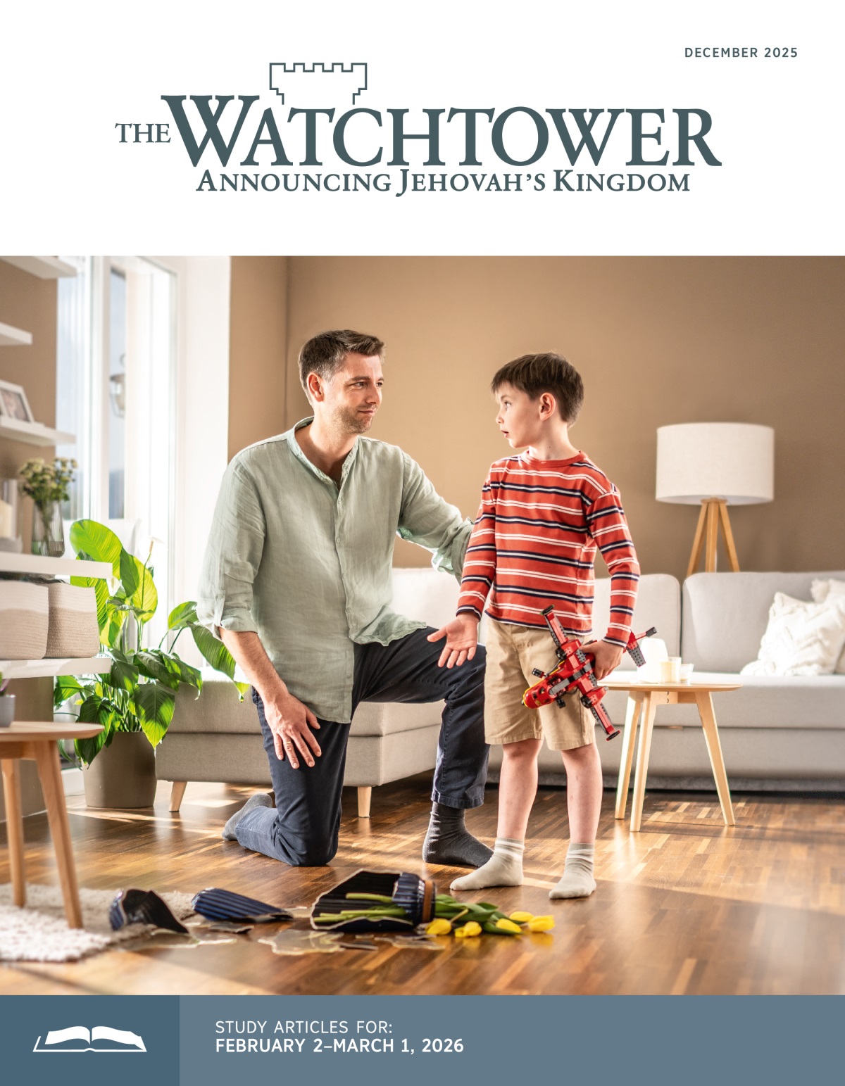 A father patiently listening to his young son as the boy explains how he accidentally broke a flower vase while playing with a toy plane.