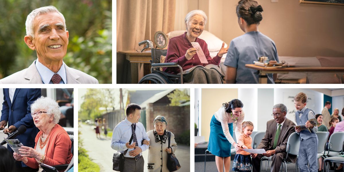 Collage: Elderly brothers and sisters enjoying their service to Jehovah. 1. A brother smiles as he confidently looks ahead. 2. A sister in a wheelchair offers a tract to a health-care worker. 3. A sister comments at a meeting. 4. A sister holds on to a younger brother’s arm as they work together in the field ministry. 5. A brother spends time with two young children and their mother at the Kingdom Hall.