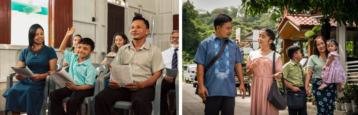 Collage: 1. Parents sit together with their son during a congregation meeting. The son raises his hand to comment. 2. A family works together in the field ministry. The father works with the teenage daughter while the mother works with the two younger children.
