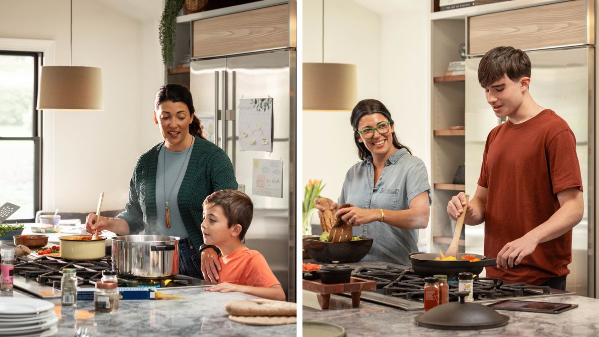 Collage: A mother and her son cooking together in the kitchen. 1. She warns her young son not to touch the hot stove as she cooks. 2. Years later, she prepares a meal with her son as he cooks on the stove.