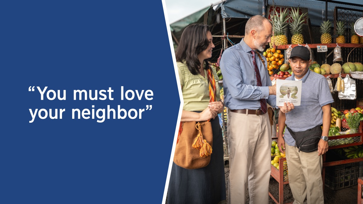 Collage: 1. The text block states the Bible law: “You must love your neighbor.” 2. A couple in the ministry show the “Enjoy Life Forever!” brochure to a man of a different race in a market.