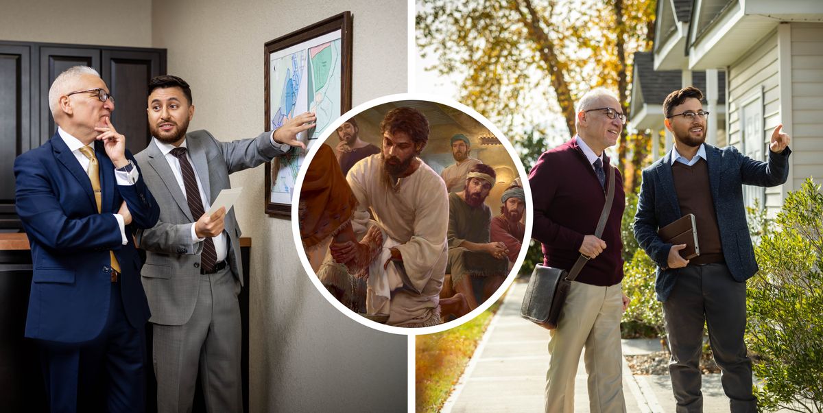 Collage: An older brother imitating Jesus’ humility. 1. Jesus washes the feet of an apostle. 2. An older brother listens skeptically as a younger brother points to their congregation’s territory map. 3. The same brothers joyfully work together in the ministry.