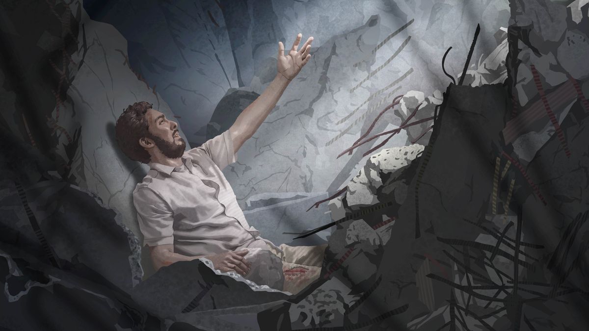 A wounded man trapped in the rubble of a collapsed building, reaching out with his arm.