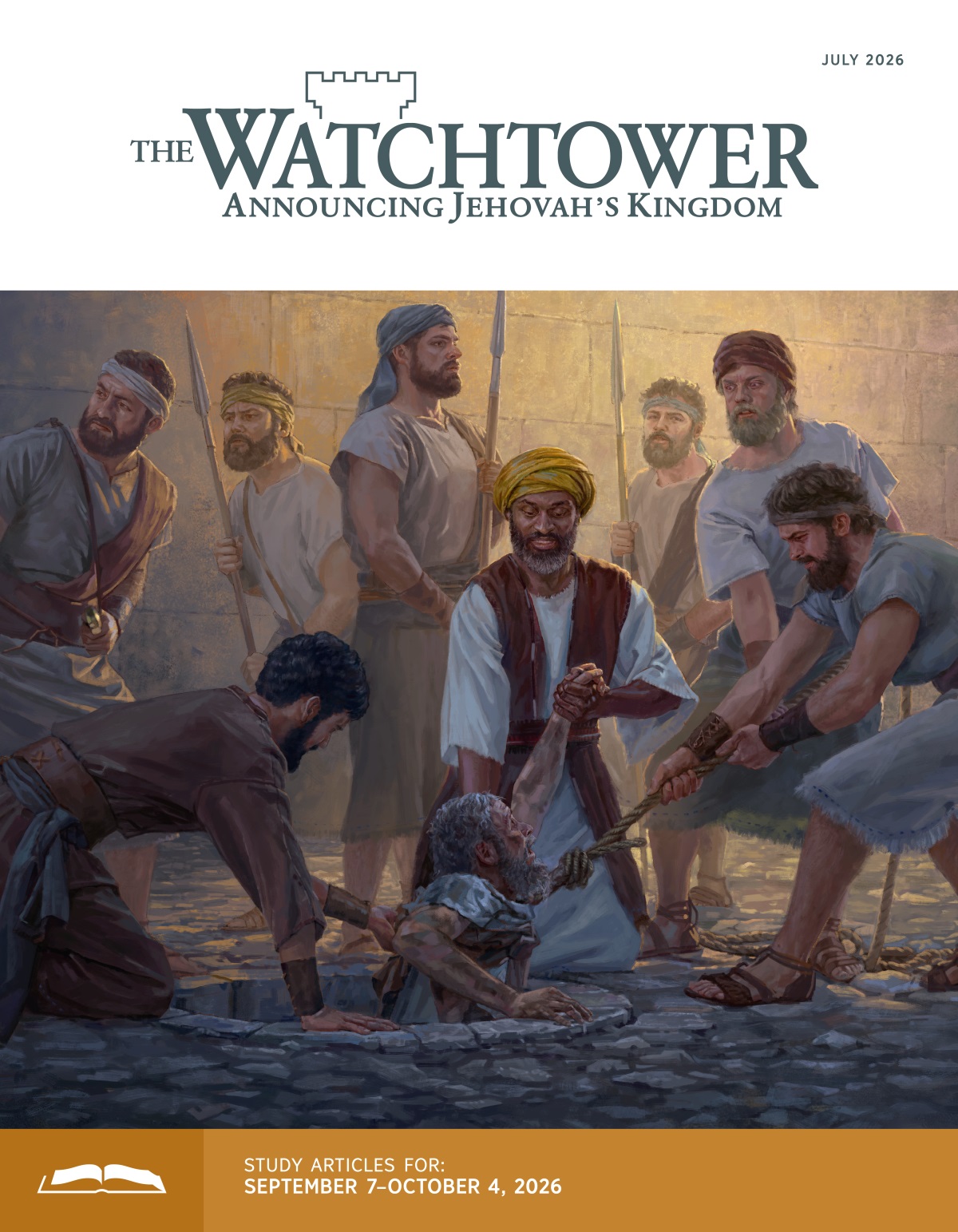 Ebed-melech and several men pulling Jeremiah out of a cistern with a rope. Other armed men stand alert.