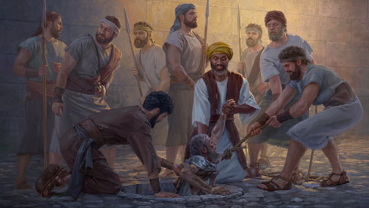 Ebed-melech and several men pulling Jeremiah out of a cistern with a rope. Other armed men stand alert.