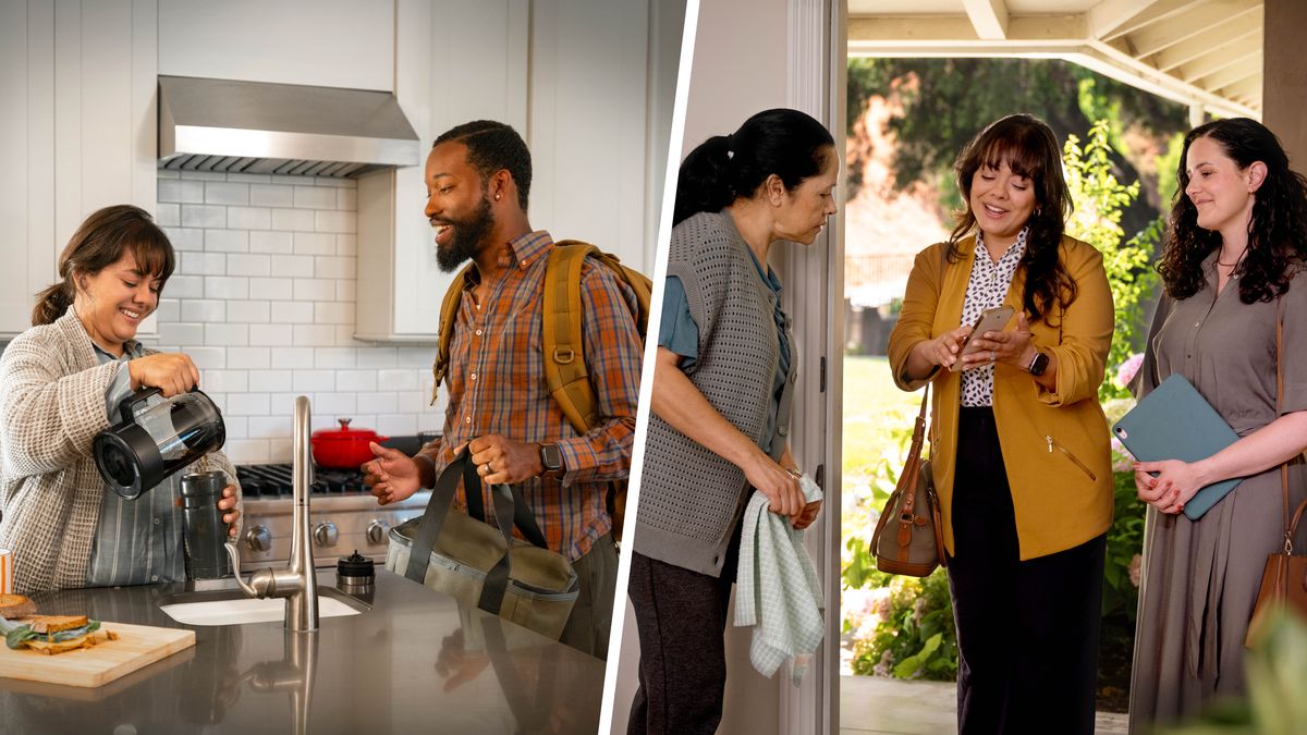 Collage: 1. A sister prepares lunch and coffee for her non-Witness husband before he goes to work. 2. Later, she participates in the ministry with another sister and shares a Bible truth on her phone with a woman at her door.
