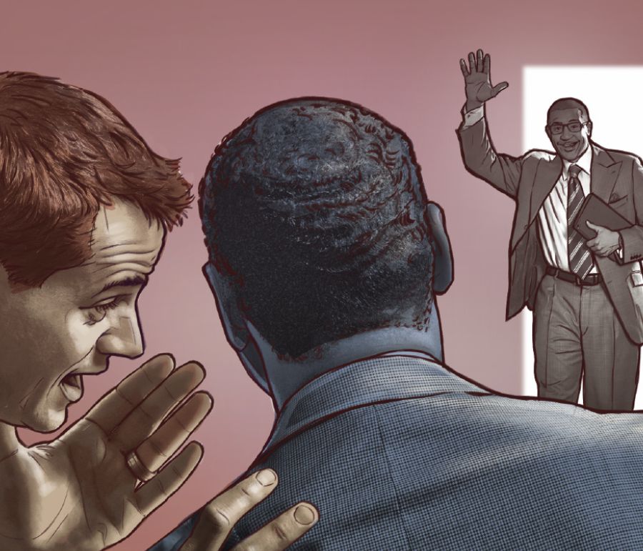 Two men whisper as a man enters the room