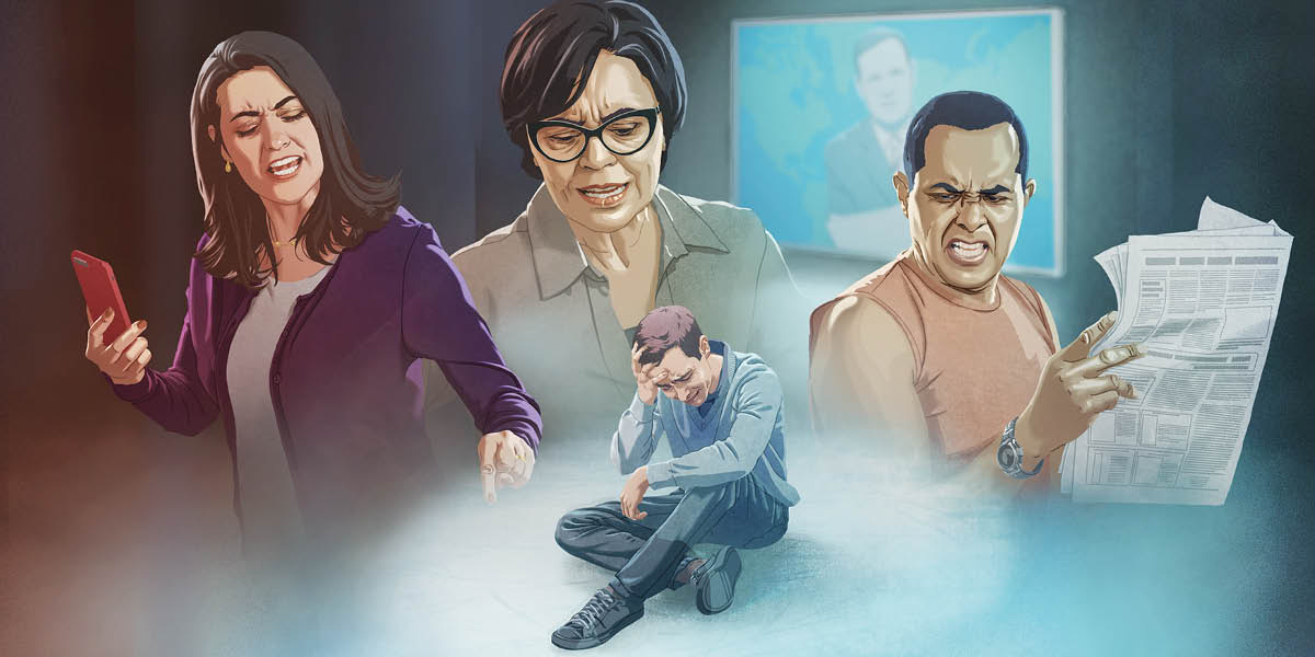 Collage: An anguished man reflecting on the hatred that surrounds him. 1. A woman with a phone in her hand belittles him. 2. Another woman looks down on him. 3. A man reading the newspaper snarls at him. 4. A news reporter on TV.