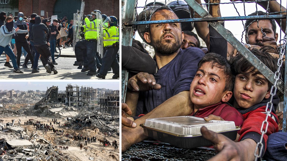 Collage: The effects of armed conflict. 1. Angry protesters with masks confront police who are carrying riot shields. 2. A crowd of adults and children, including a crying boy, press forward against a fence and reach for food. 3. People walk through extensive piles of rubble in a city that has been devastated by explosives.