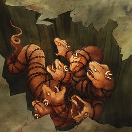 A dragon being thrown into an abyss