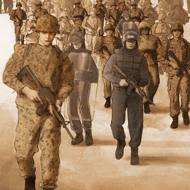 Armed soldiers and riot police