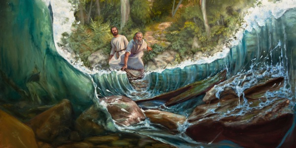 Elisha watches Elijah divide the waters of the Jordan River by striking them with his official garment