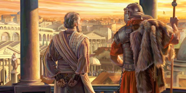 The apostle Paul chained to a Roman soldier