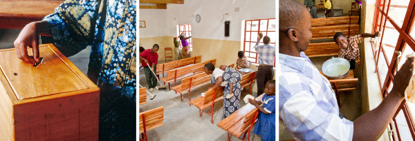 A person puts a donation in the contribution box; people clean the Kingdom Hall