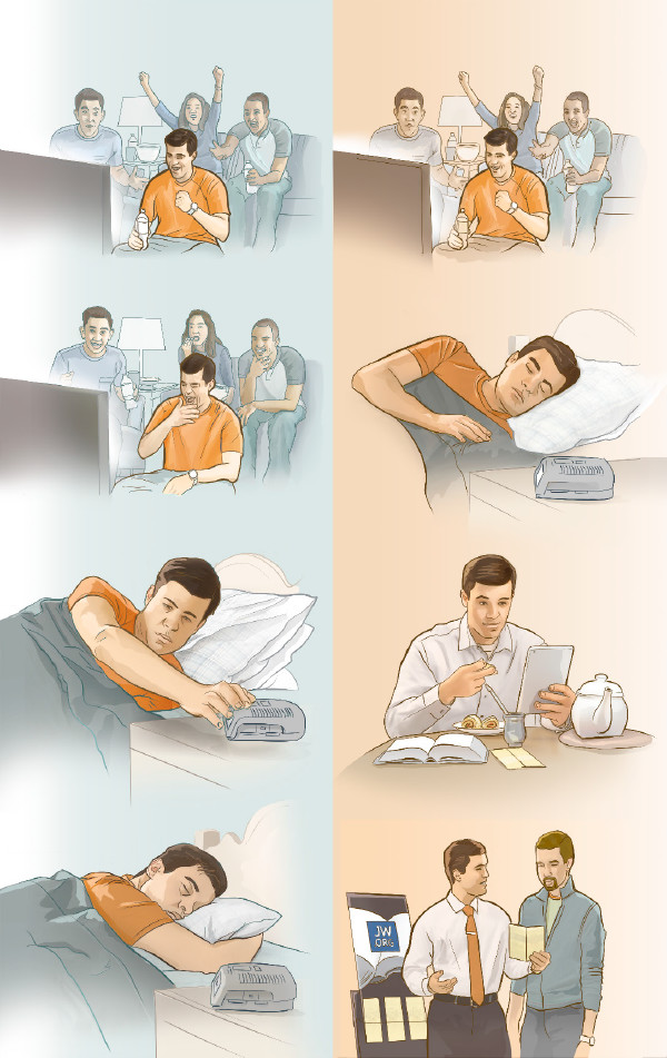 1. A Christian man stays up late to watch television and then sleeps late the next morning; 2. A Christian man watches television to a reasonable time and is able to get up and share in preaching the good news