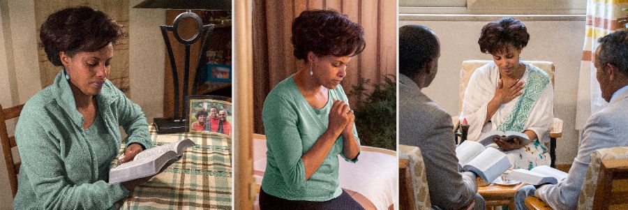 A sister reads the Bible, prays, and meets with two elders