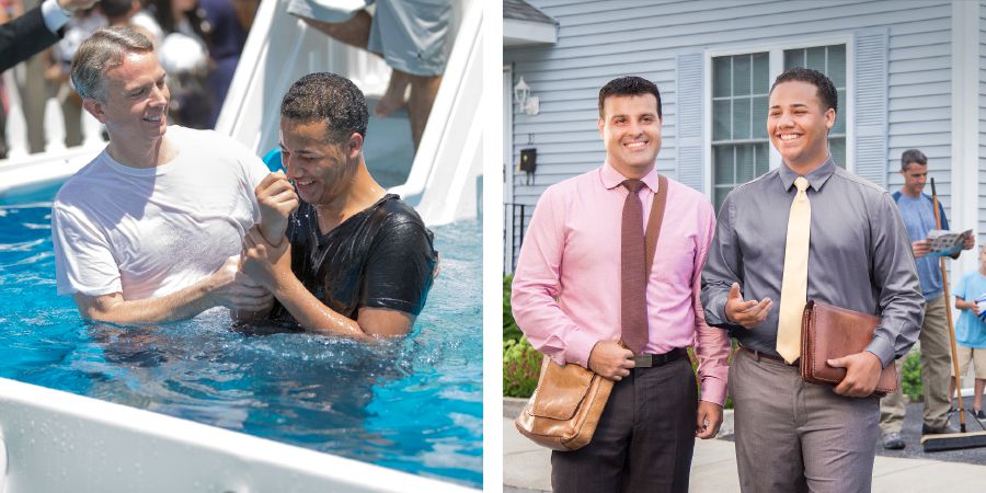 A man is baptized as one of Jehovah’s Witnesses and shares in the field service