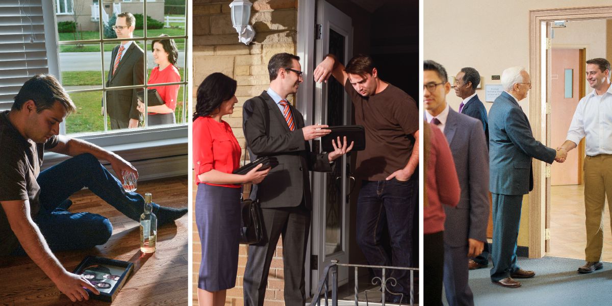 A man sits alone drinking; Jehovah’s Witnesses come to his door and preach to him; the man comes to a meeting