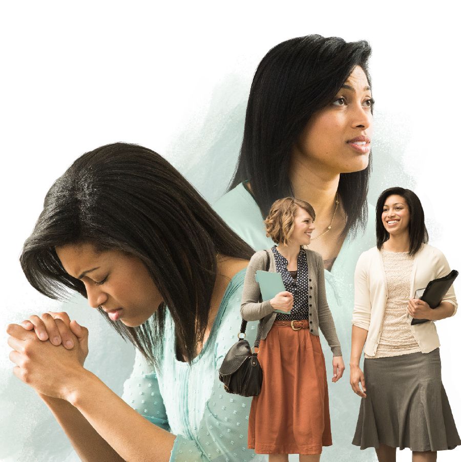 A sister prays, looks ahead confidently, and later joins another sister in the field service