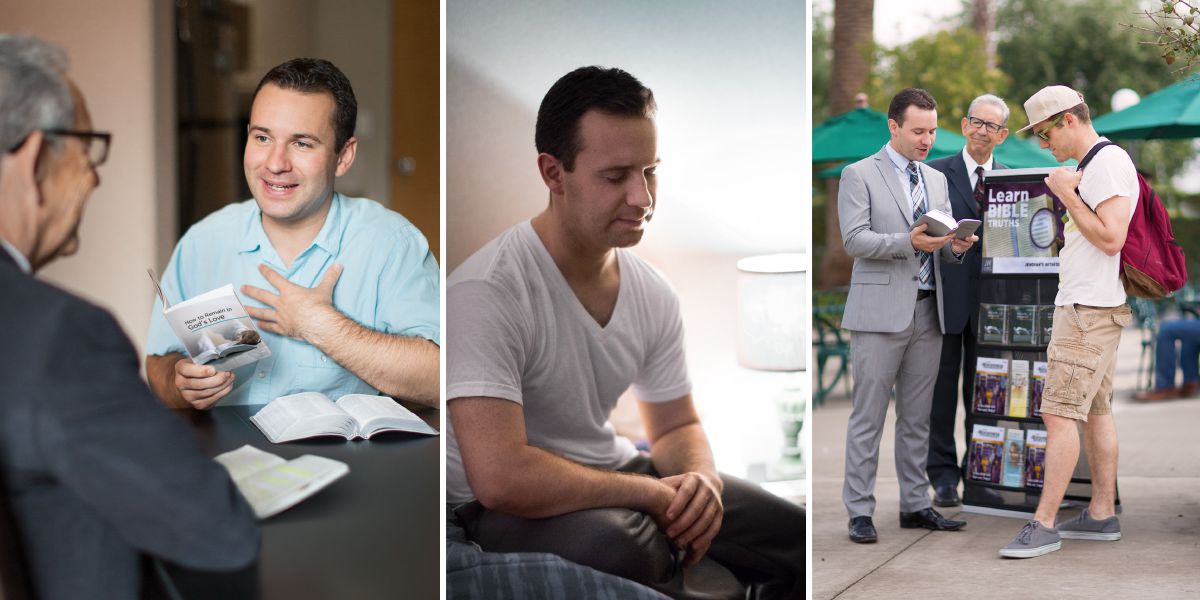 A man studies the Bible, prays, and shares in public witnessing