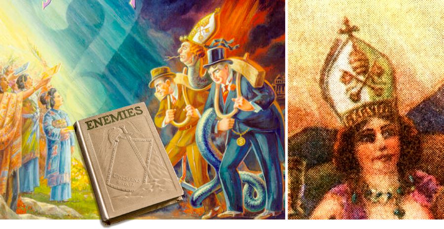 Caricatures of the serpent and the harlot, both wearing the pope’s hat