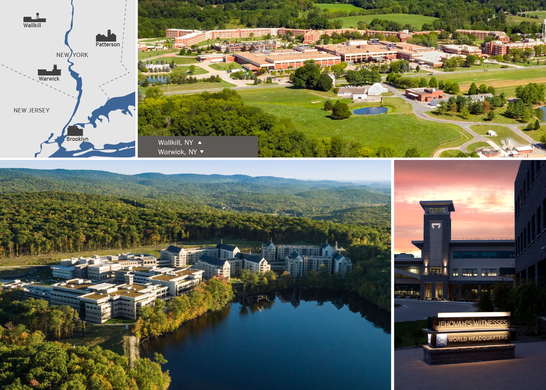 A map of the United States Bethel complexes; the Wallkill facility; the courtyard tower and completed Warwick site